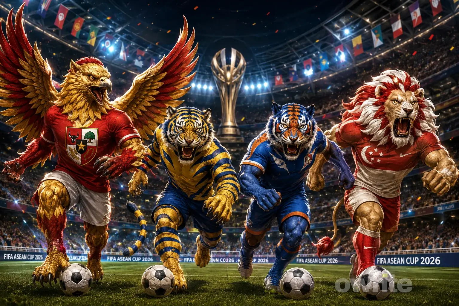 Ilustrasi julukan Timnas Indonesia, Malaysia, India, dan Sinagpura, dalam FIFA Asean Cup 2026.