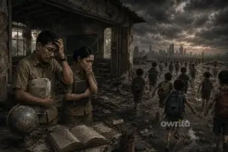 Ilustrasi guru dan siswa putus sekolah.
