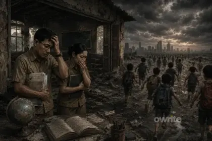 Ilustrasi guru dan siswa putus sekolah.