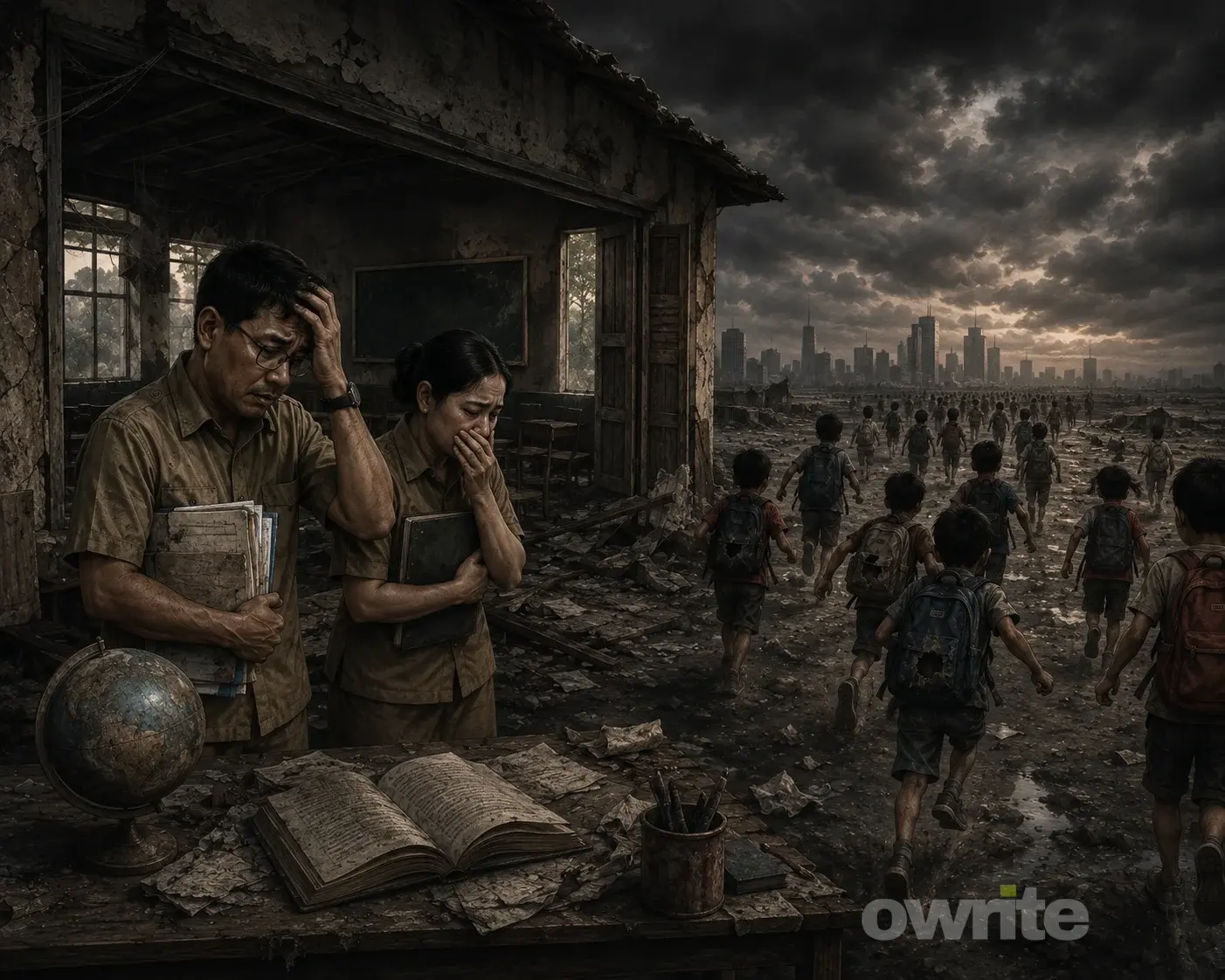 Ilustrasi guru dan siswa putus sekolah.