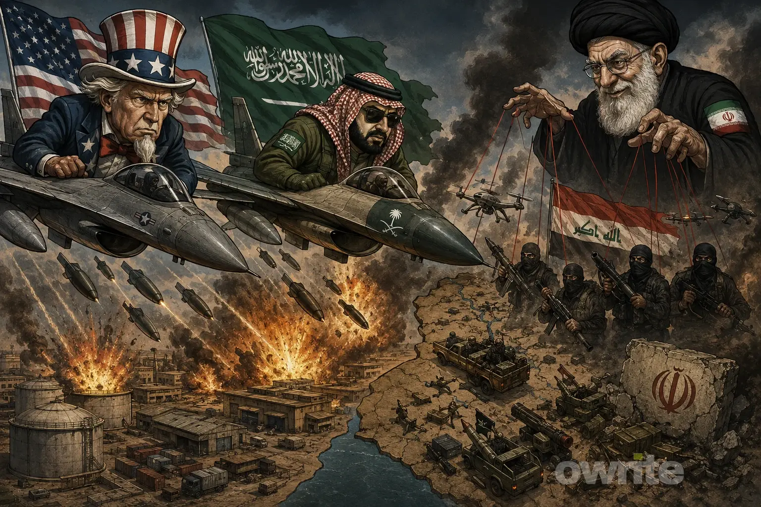 Ilustrasi Amerika Serikat dan Arab Saudi serang sekutu Iran.