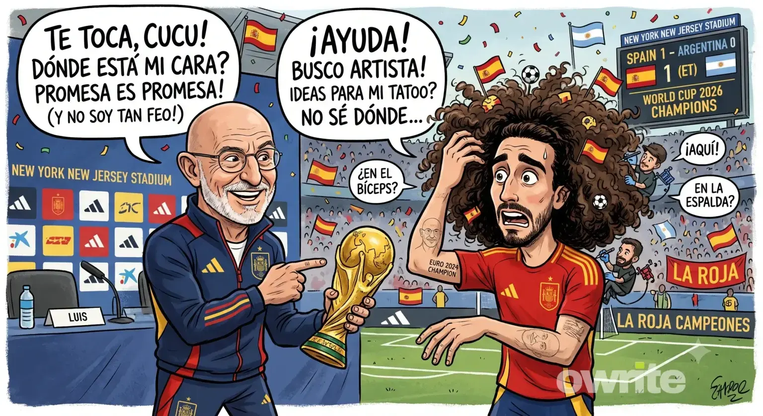 Ilustrasi Luis de la Fuente dan Marc Cucurella.