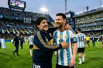 Legenda sepak bola Argentina, Diego Armando Maradona dan Kapten Timnas Argentina, Lionel Messi. (Gambar dibuat oleh Ai)