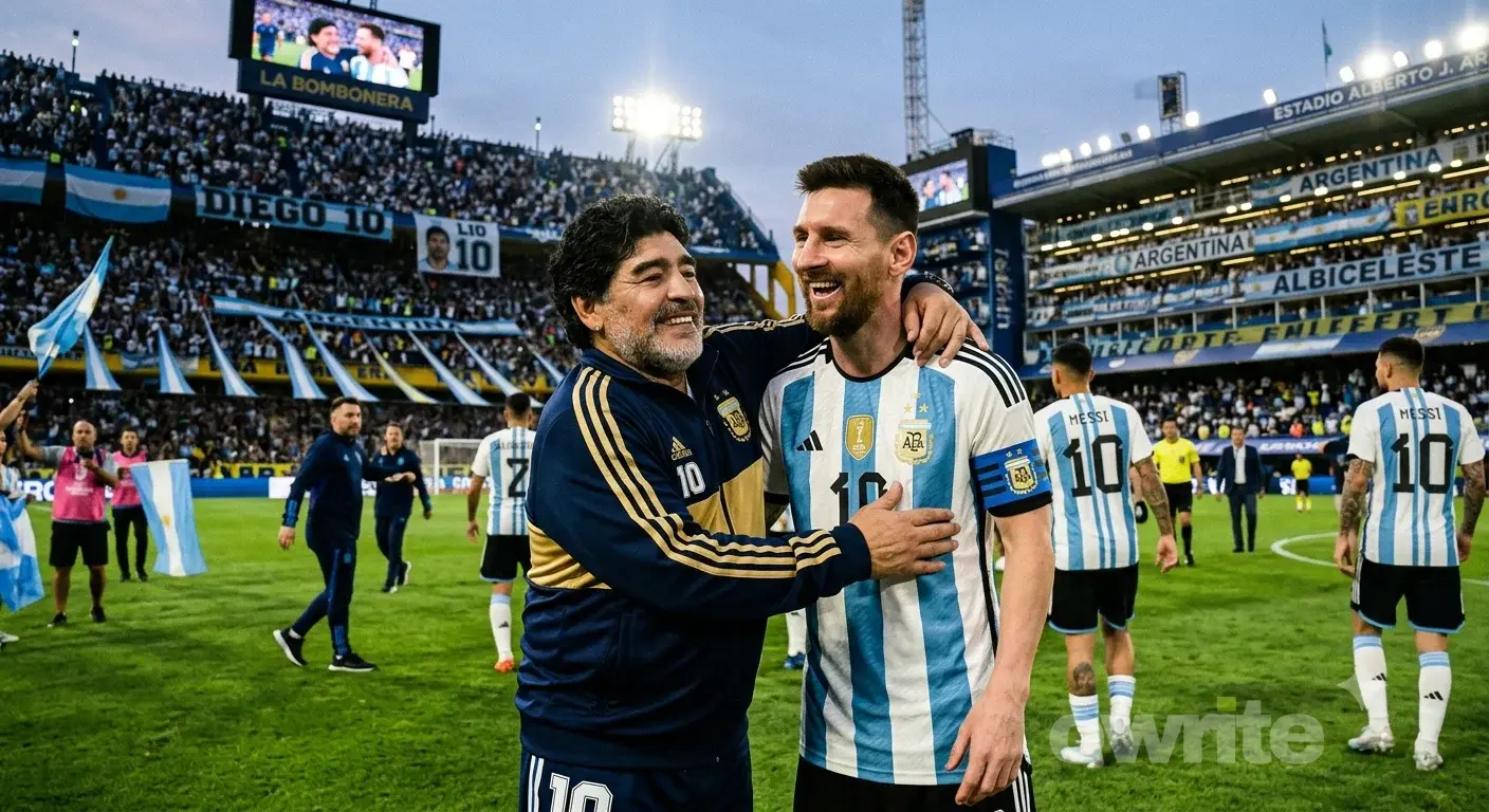 Legenda sepak bola Argentina, Diego Armando Maradona dan Kapten Timnas Argentina, Lionel Messi. (Gambar dibuat oleh Ai)