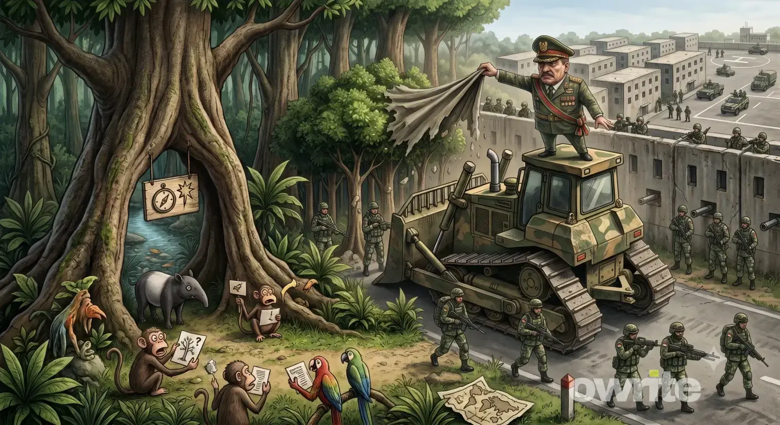Ilustrasi pembangunan markas Batalyon Teritorial di hutan.