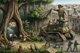 Ilustrasi pembangunan markas Batalyon Teritorial di hutan.
