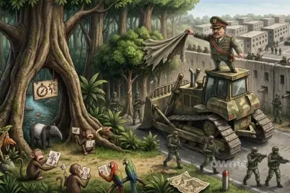 Ilustrasi pembangunan markas Batalyon Teritorial di hutan.