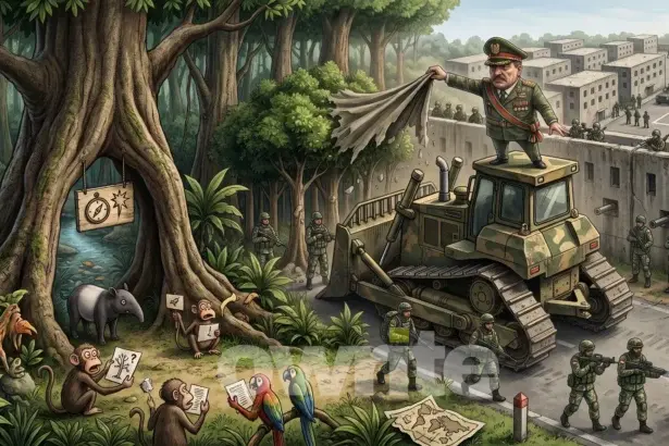 Ilustrasi pembangunan markas Batalyon Teritorial di hutan.