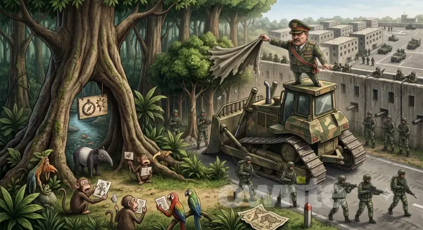 Ilustrasi pembangunan markas Batalyon Teritorial di hutan.