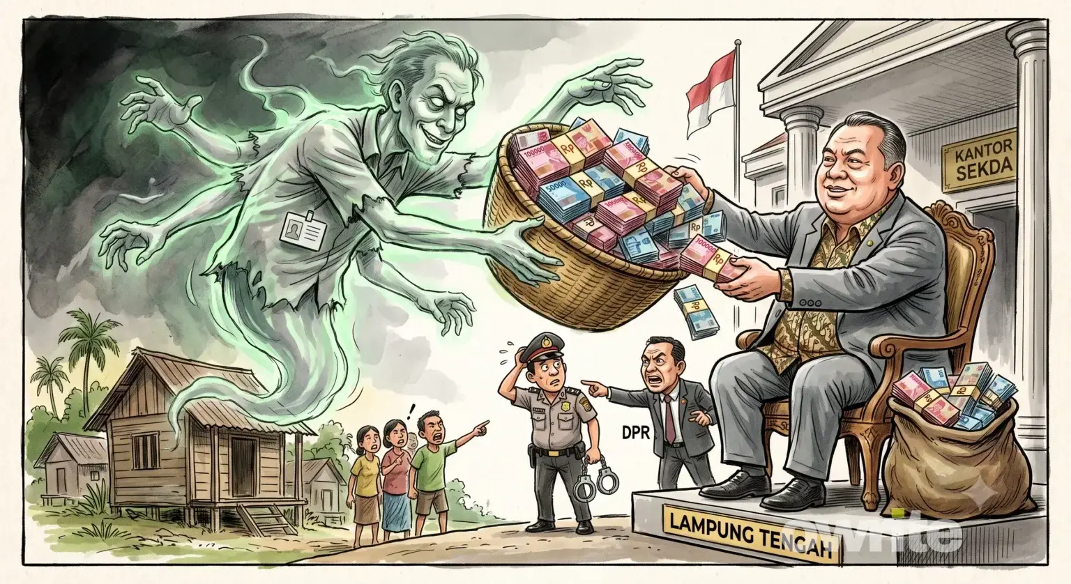 Ilustrasi Sekda Lampung Tengah Welly Adiwantra dan tenaga honorer fiktif.