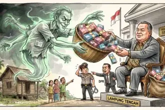 Ilustrasi Sekda Lampung Tengah Welly Adiwantra dan tenaga honorer fiktif.