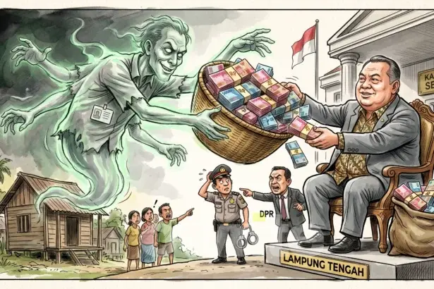 Ilustrasi Sekda Lampung Tengah Welly Adiwantra dan tenaga honorer fiktif.