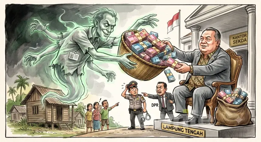 Ilustrasi Sekda Lampung Tengah Welly Adiwantra dan tenaga honorer fiktif.