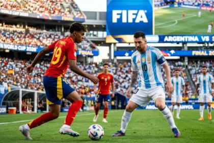 Ilustrasi Lamine Yamal vs Lionel Messi