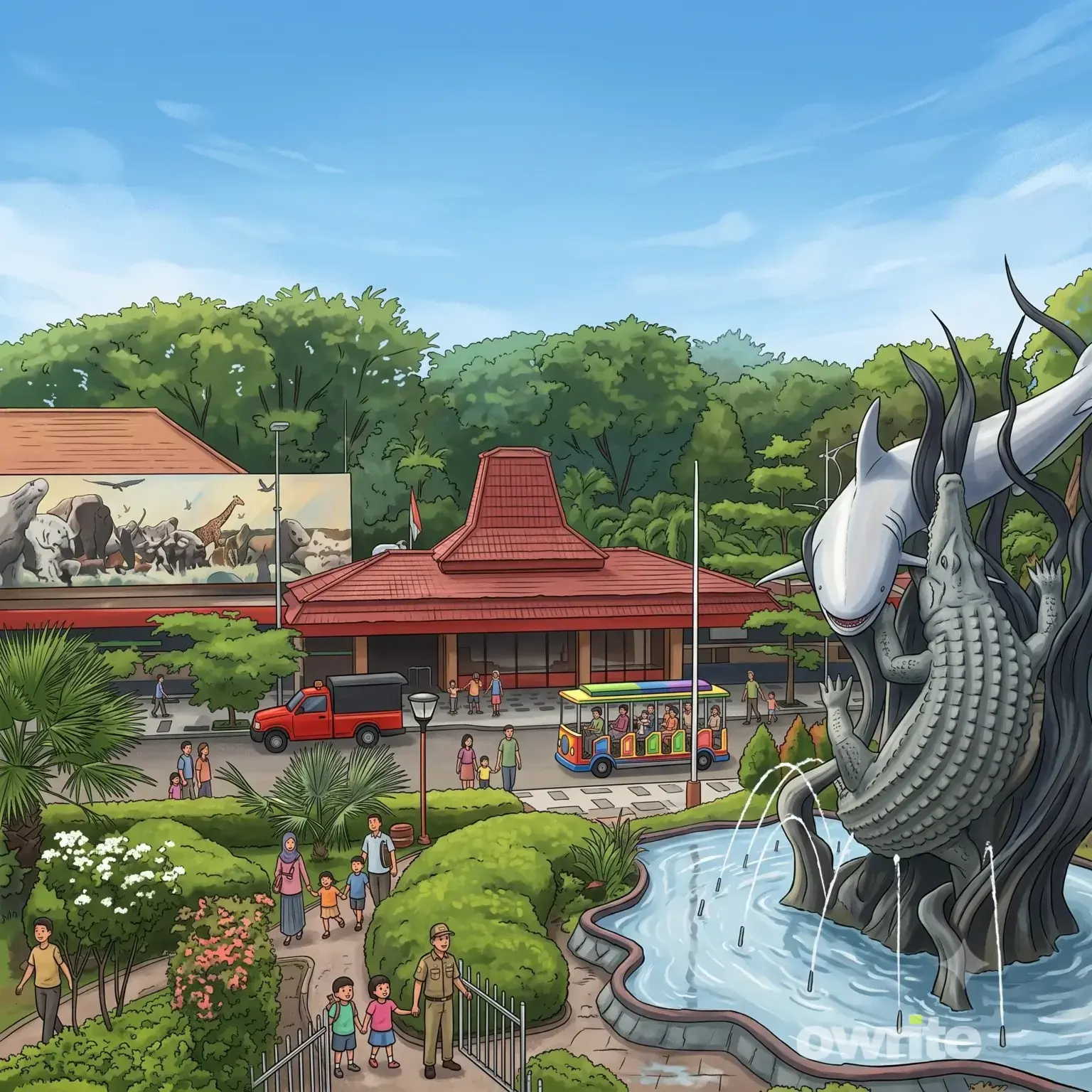 Ilustrasi Kebun Binatang Surabaya dan pengunjung.