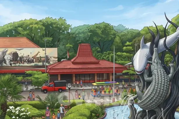Ilustrasi Kebun Binatang Surabaya dan pengunjung.