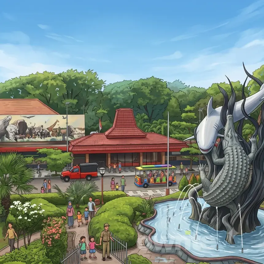 Ilustrasi Kebun Binatang Surabaya dan pengunjung.