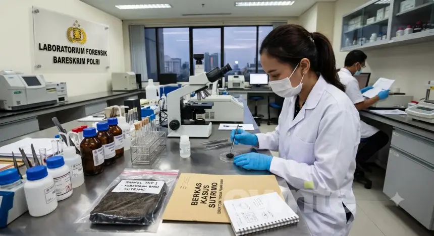 Ilustrasi tim Puslabfor Polri meneliti sampel temuan.