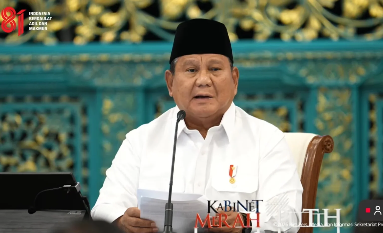 Presiden Prabowo Subianto dalam Sidang Kabinet Paripurna, Senin 20 Juli 2026. (sumber: Youtube/Sekretariat Presiden)