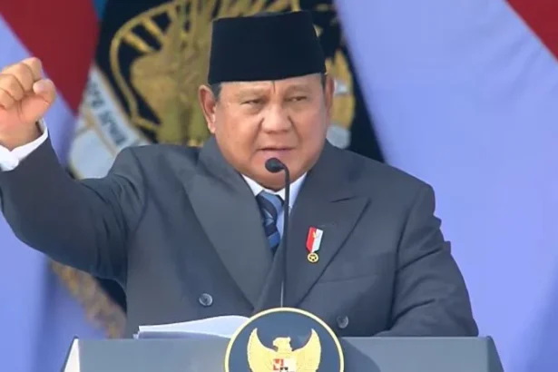 Presiden Prabowo Subianto dalam pidato acara HUT Ke-80 Polri di Satlatmil Cikeas, Bogor,