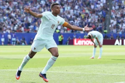 Penyerang Timnas Prancis Kylian Mbappe selebrasi usai cetak gol.