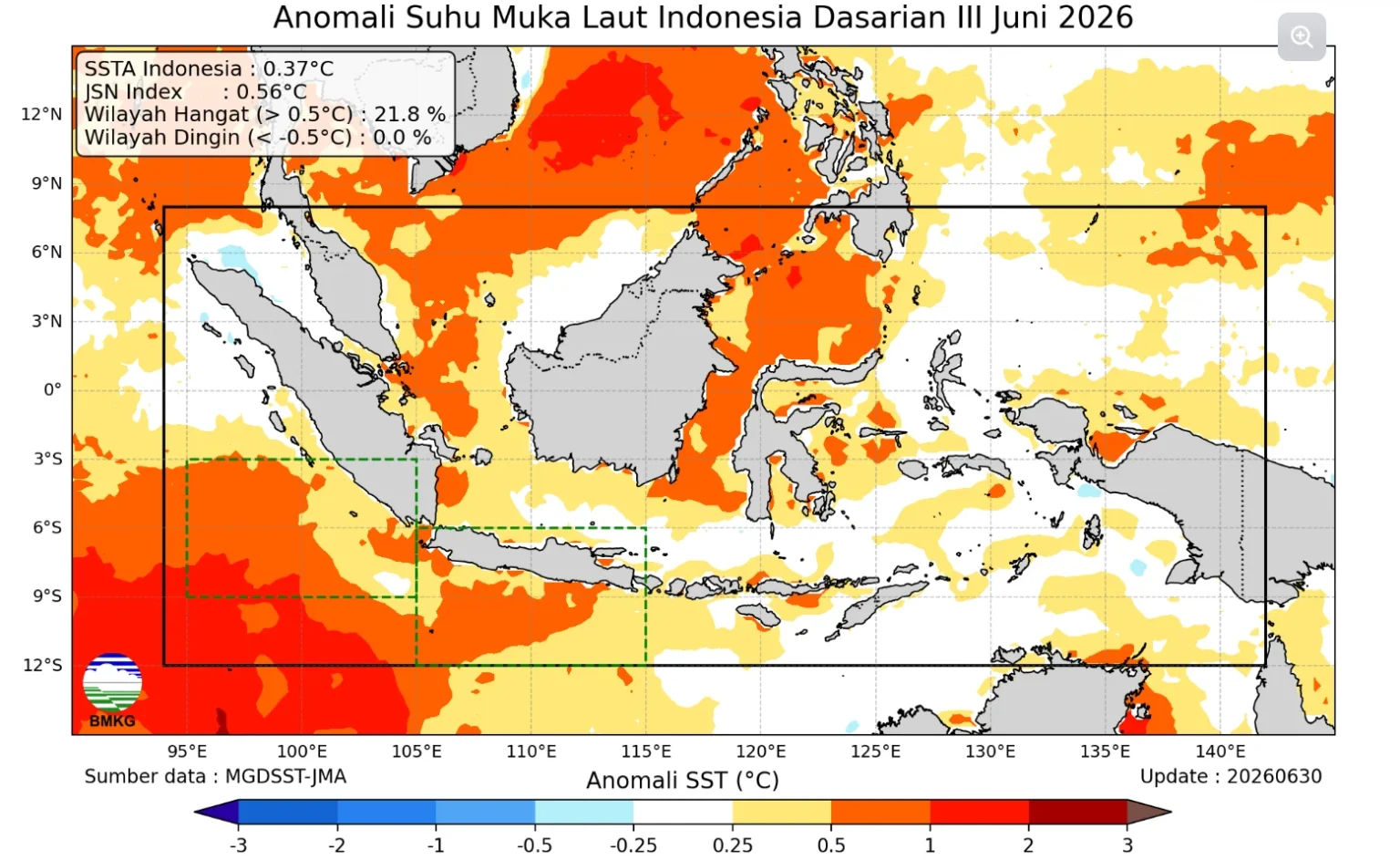 Anomali suhu muka laut Indonesia Dasarian III Juni 2026
