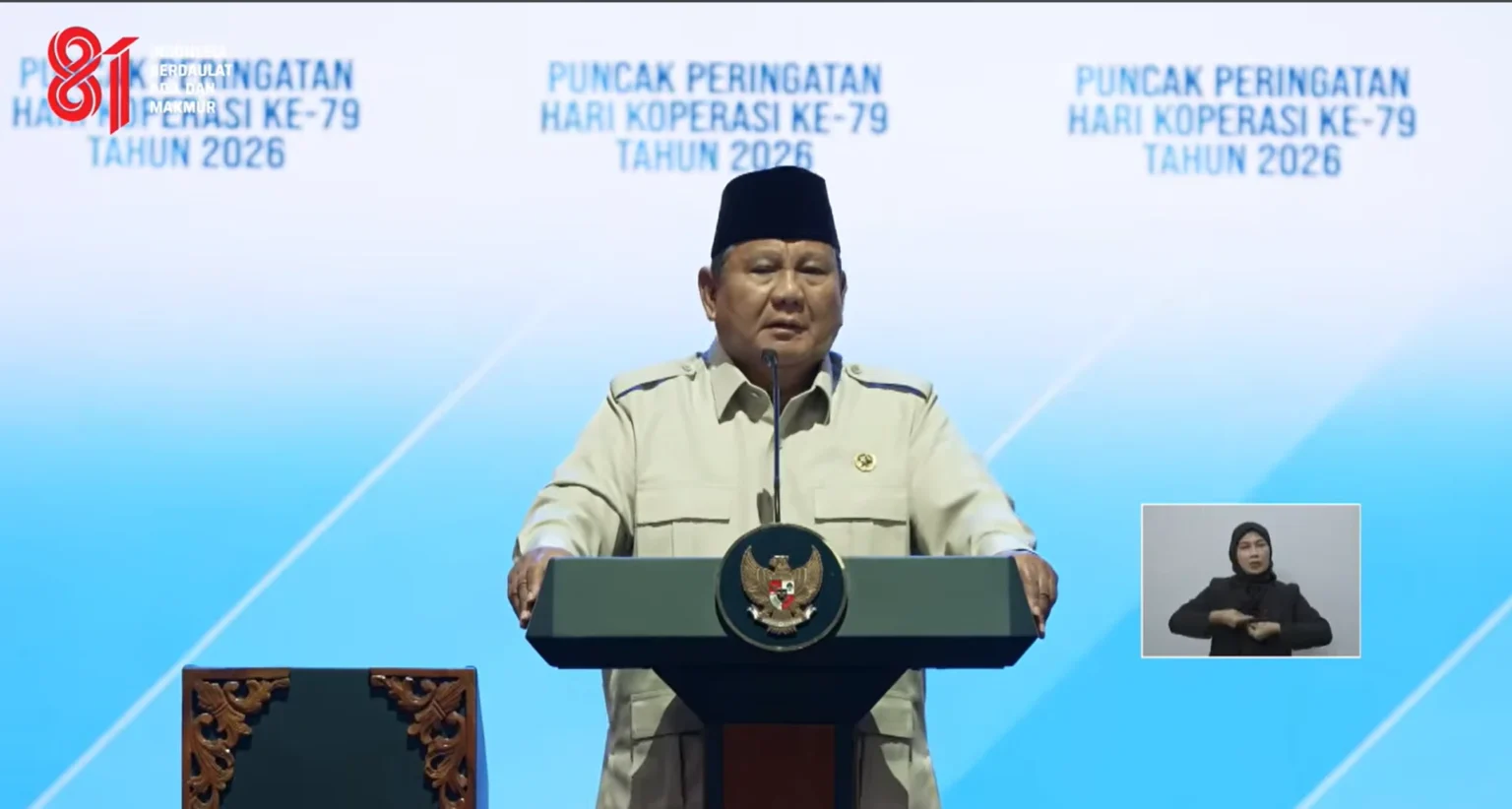 Presiden Prabowo dalam peringatan Hari Koperasi Nasional ke-79 di Indonesia Arena, Jakarta, 12 Juli 2026.