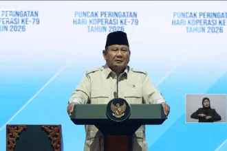 Presiden Prabowo dalam peringatan Hari Koperasi Nasional ke-79 di Indonesia Arena, Jakarta, 12 Juli 2026.