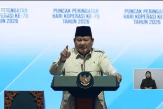 Presiden Prabowo dalam Puncak Peringatan Hari Koperasi ke-79 Tahun 2026, di Indonesia Arena, Jakarta, 12 Juli 2026.