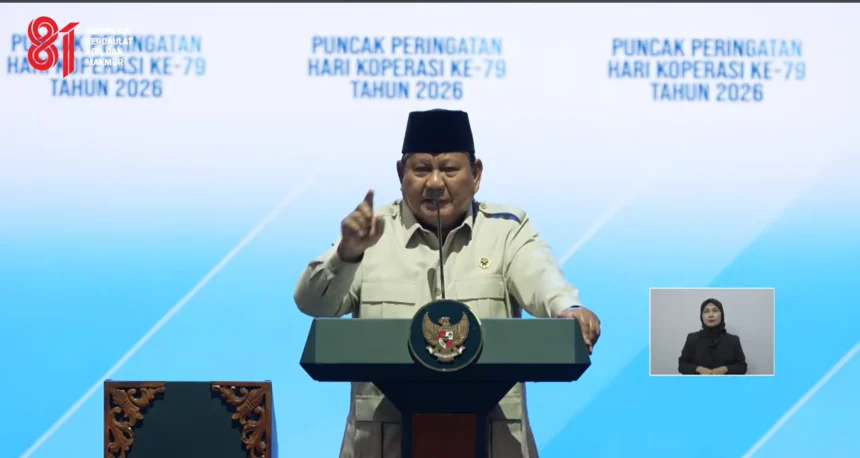 Presiden Prabowo dalam Puncak Peringatan Hari Koperasi ke-79 Tahun 2026, di Indonesia Arena, Jakarta, 12 Juli 2026.