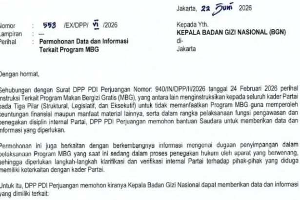 Surat DPP PDIP ke Badan Gizi Nasional (BGN) soal dugaan kader PDIP terlibat dalam program MBG.