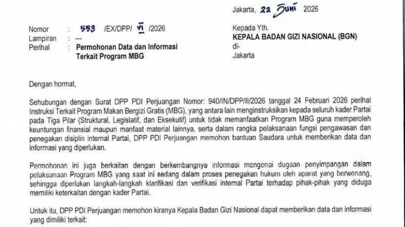 Surat DPP PDIP ke Badan Gizi Nasional (BGN) soal dugaan kader PDIP terlibat dalam program MBG.