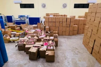 Ratusan tabung gas merek Whip Pink di dalam kardus.