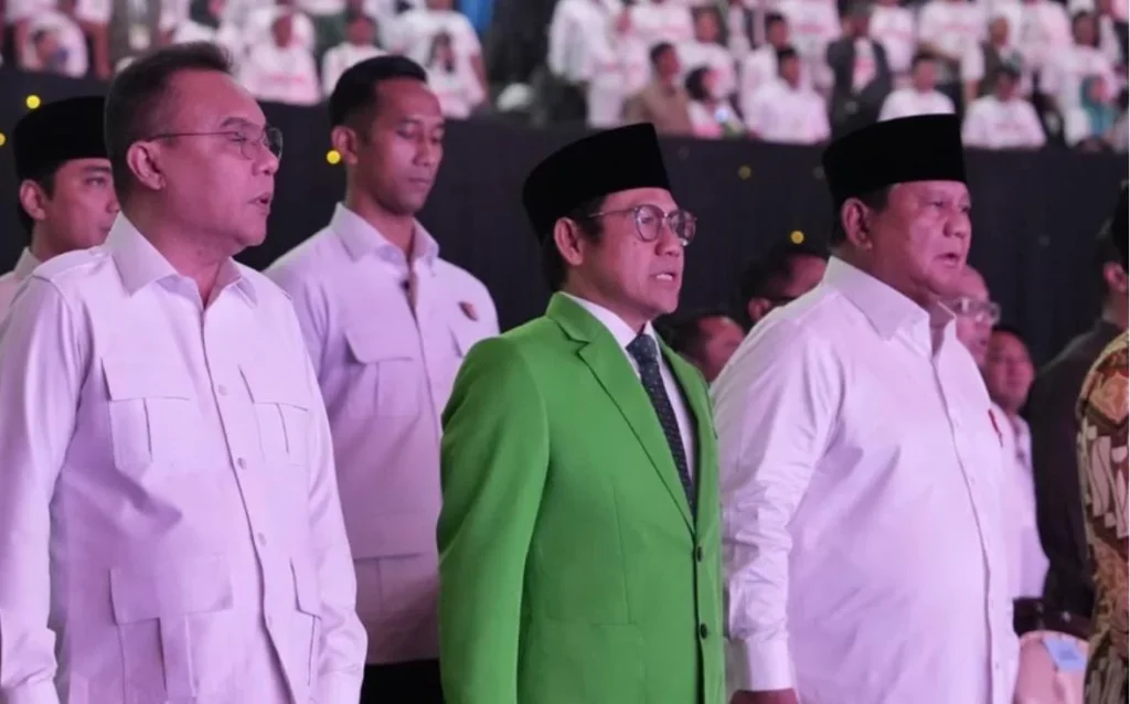 Presiden Prabowo Subianto, Ketua Umum PKB Muhaimin Iskandar alias Cak Imin, Wakil Ketua DPR RI Sufmi Dasco Ahmad di pembukaan Harla PKB-28.