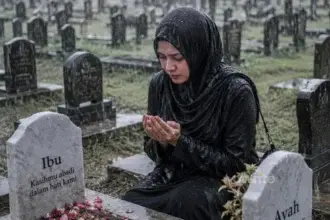 Seorang perempuan sedan berdoa di kuburan.