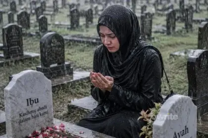 Seorang perempuan sedan berdoa di kuburan.