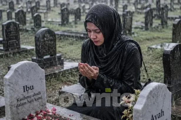 Seorang perempuan sedan berdoa di kuburan.