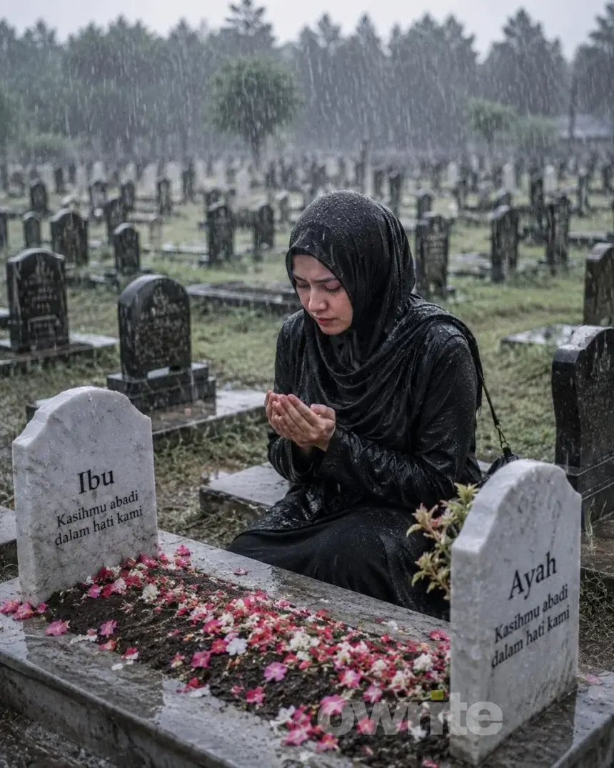 Seorang perempuan sedan berdoa di kuburan.