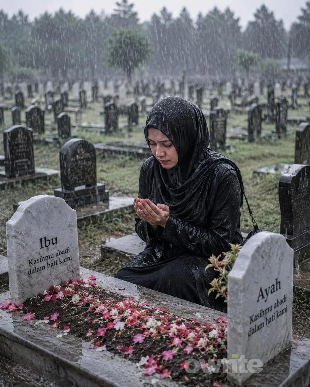 Seorang perempuan sedan berdoa di kuburan.