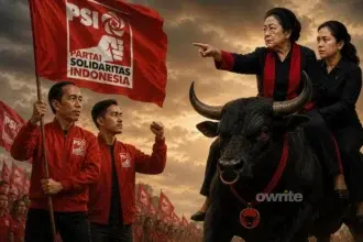 Ilustrasi Jokowi, Kaesang, Megawati dan Puan Maharani saling bertatapan.