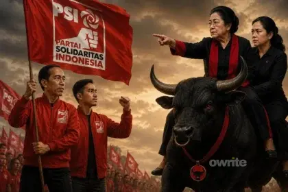 Ilustrasi Jokowi, Kaesang, Megawati dan Puan Maharani saling bertatapan.