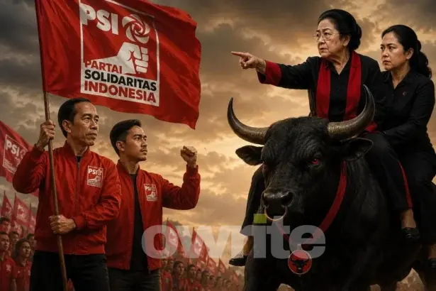 Ilustrasi Jokowi, Kaesang, Megawati dan Puan Maharani saling bertatapan.