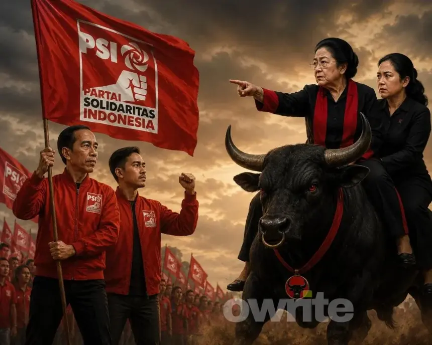 Ilustrasi Jokowi, Kaesang, Megawati dan Puan Maharani saling bertatapan.