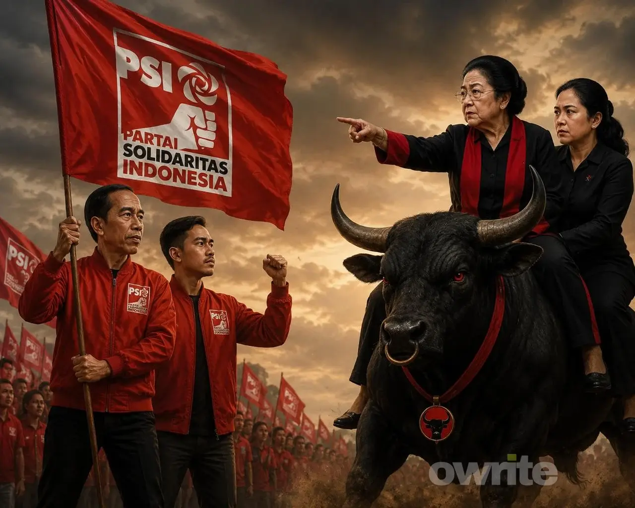 Ilustrasi Jokowi, Kaesang, Megawati dan Puan Maharani saling bertatapan.