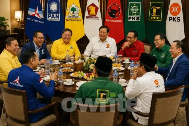 Ilsutrasi para Ketua umum Partai duduk berdiskusi.