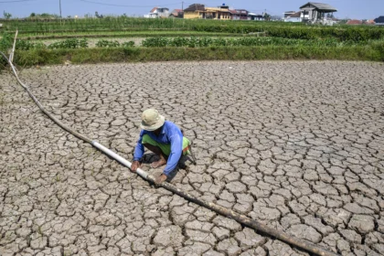 Petani memeriksa pipa air ubi di lahan sawah irigasi anak Sungai Cimulu yang mengering di Kampung Ciwasmandi, Kelurahan Sukajaya, Kecamatan Purbaratu, Kota Tasikmalaya, Jawa Barat, Kamis (16/7/2026).