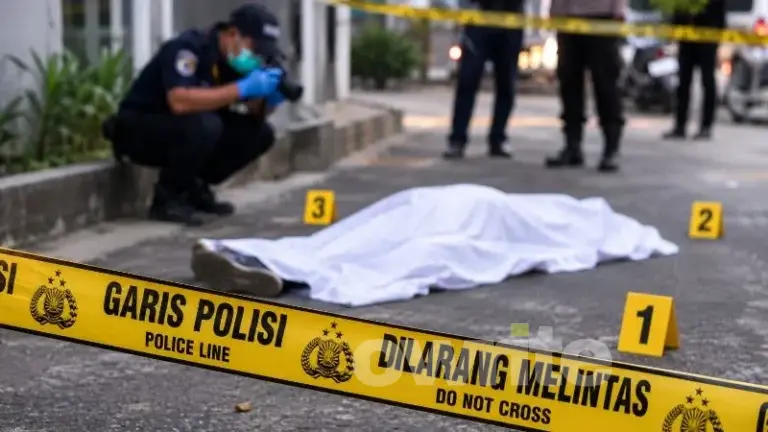 Ilustrasi polisi memasang garis polisi di suatu lokasi penemuan mayat.
