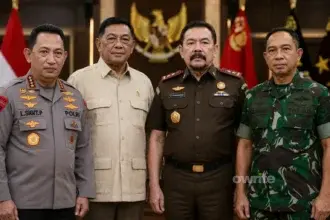 Gambar ilustrasi Kapolri Jenderal Listyo Sigit Prabowo, Menhan Sjafrie Sjamsoeddin, Jaksa Agung ST Burhanuddin, dan Panglima TNI Jenderal Agus Subiyanto