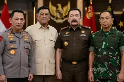 Gambar ilustrasi Kapolri Jenderal Listyo Sigit Prabowo, Menhan Sjafrie Sjamsoeddin, Jaksa Agung ST Burhanuddin, dan Panglima TNI Jenderal Agus Subiyanto