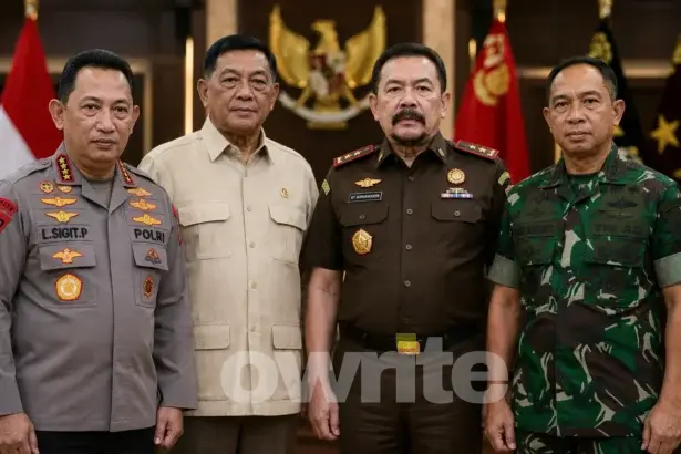 Gambar ilustrasi Kapolri Jenderal Listyo Sigit Prabowo, Menhan Sjafrie Sjamsoeddin, Jaksa Agung ST Burhanuddin, dan Panglima TNI Jenderal Agus Subiyanto